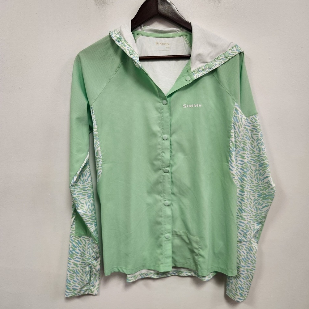 Simms Womens Bicomp Long Sleeve Hooded Shirt Size M Green Snap Front Fishing